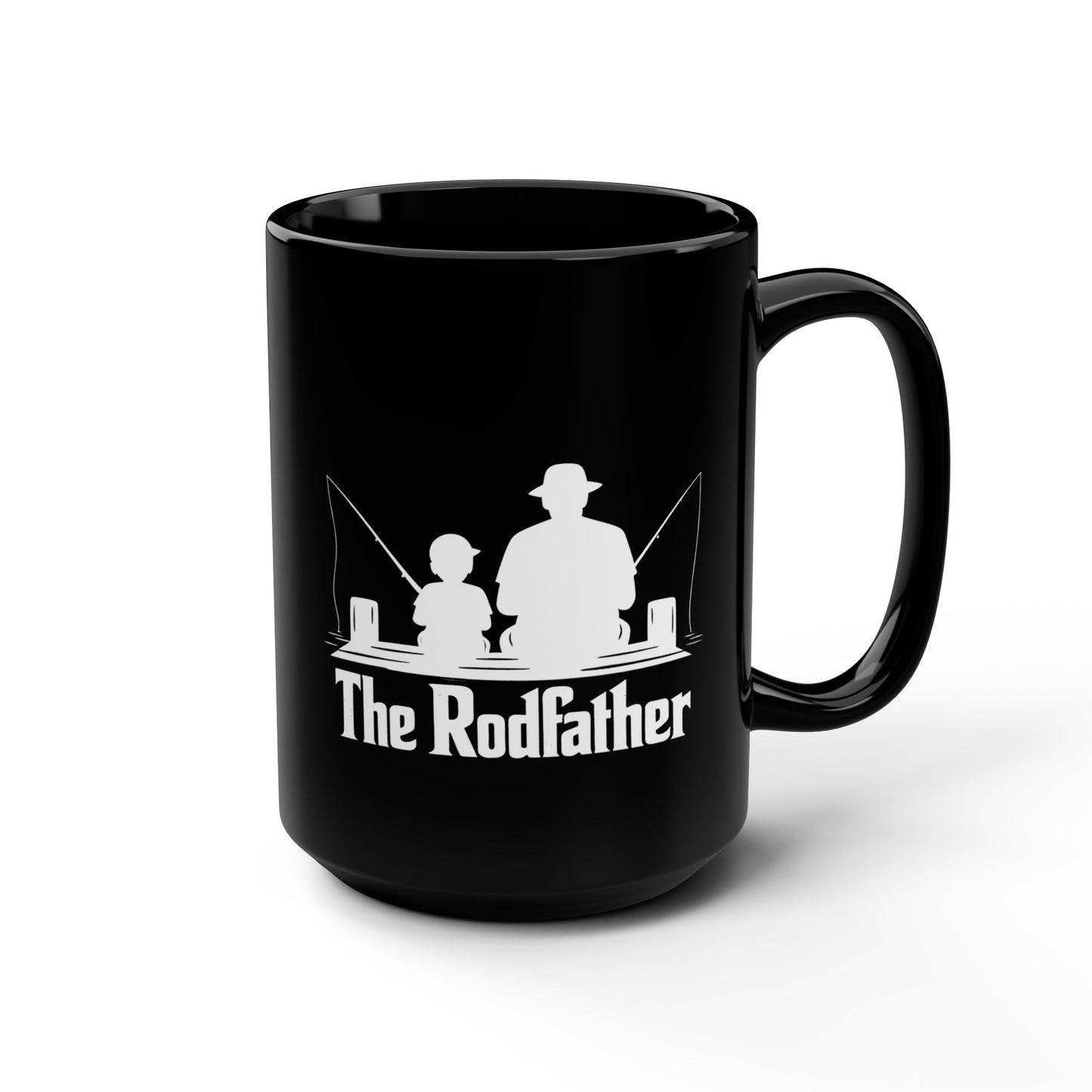 The Rodfather Fishing Mug — 15oz Black Ceramic Coffee Cup