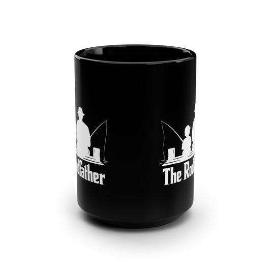 The Rodfather Fishing Mug — 15oz Black Ceramic Coffee Cup