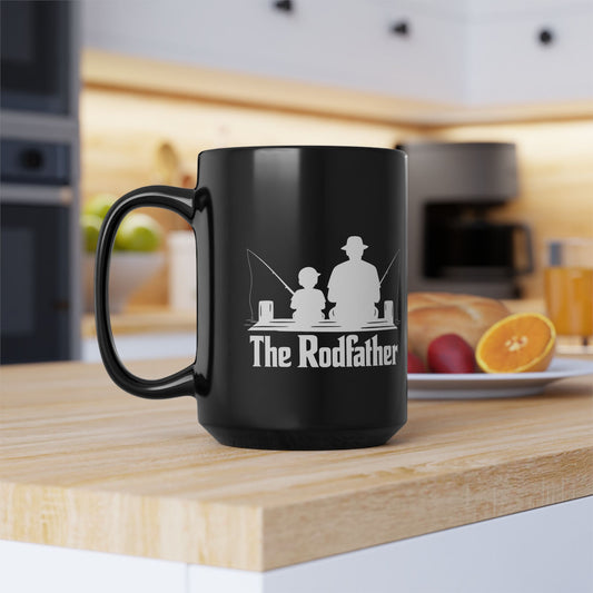 The Rodfather Fishing Mug — 15oz Black Ceramic Coffee Cup