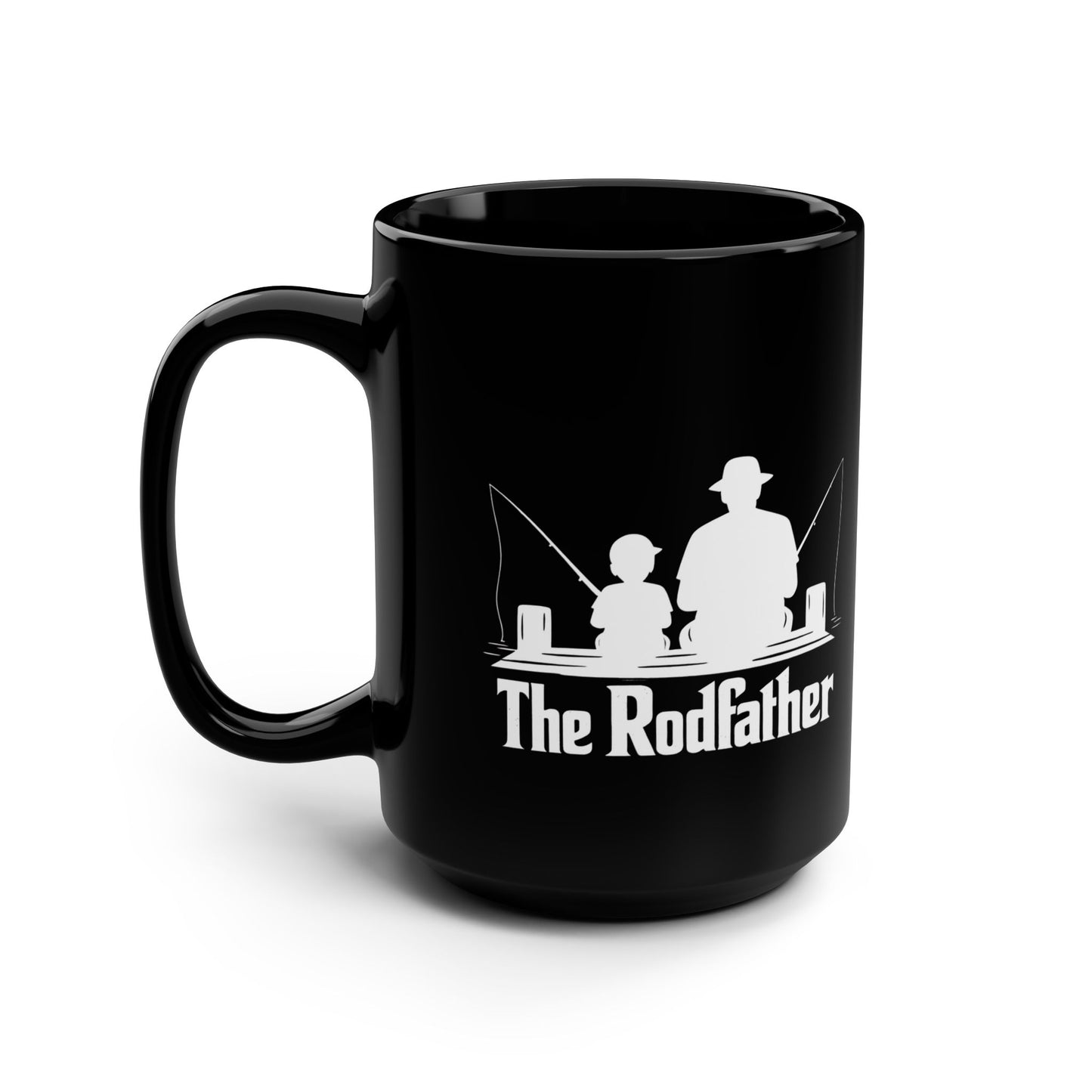 The Rodfather Fishing Mug — 15oz Black Ceramic Coffee Cup